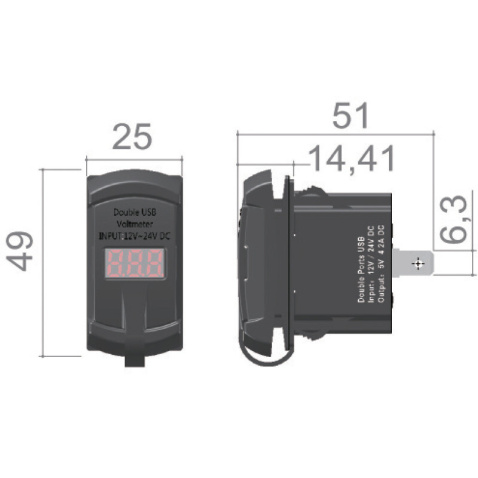 Zásuvka USB dvojitá, vzhľad vypínača 12/24V+voltmeter