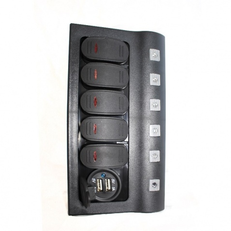 Panel vypínačov - 5 pod sebou+USB zásuvka, vodotesný, LED indikátor, 102x190mm